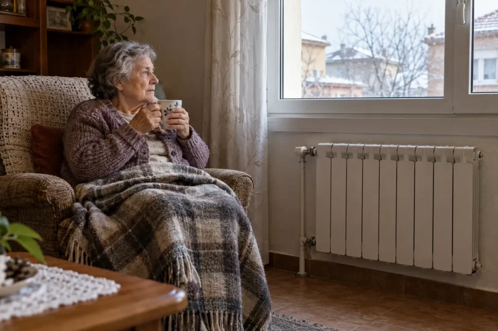 Mujer mayor con una taza caliente y una manta junto al radiador de su salón en invierno