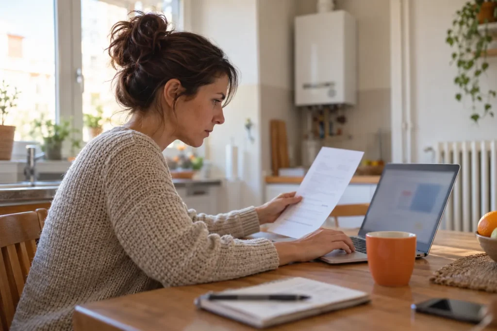 Mujer comparando su factura de gas con ofertas en un portátil en la cocina de su casa