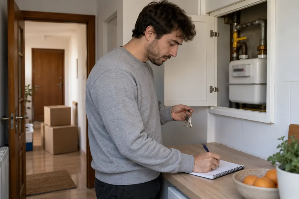 Persona joven anotando la lectura del contador de gas el día que entra a vivir en un piso