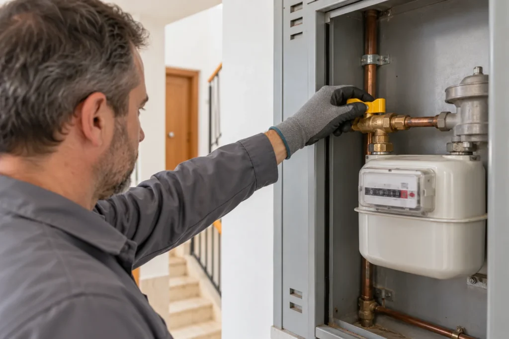 Técnico abriendo la llave de paso de un contador de gas natural en un edificio de viviendas