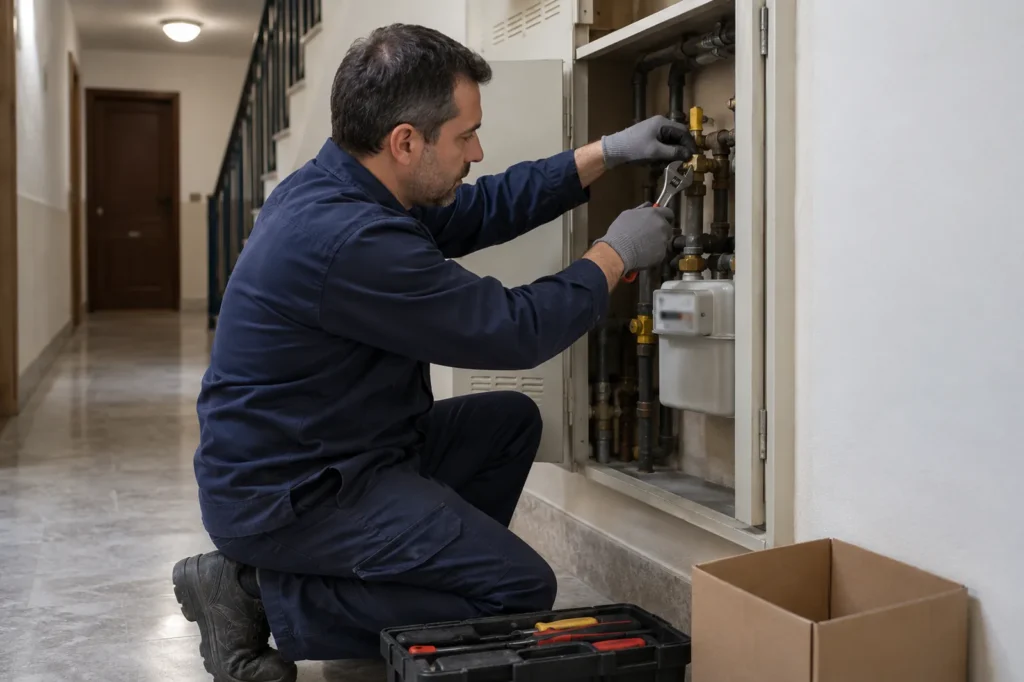 Técnico de la distribuidora retirando un contador de gas en el armario de contadores de un edificio