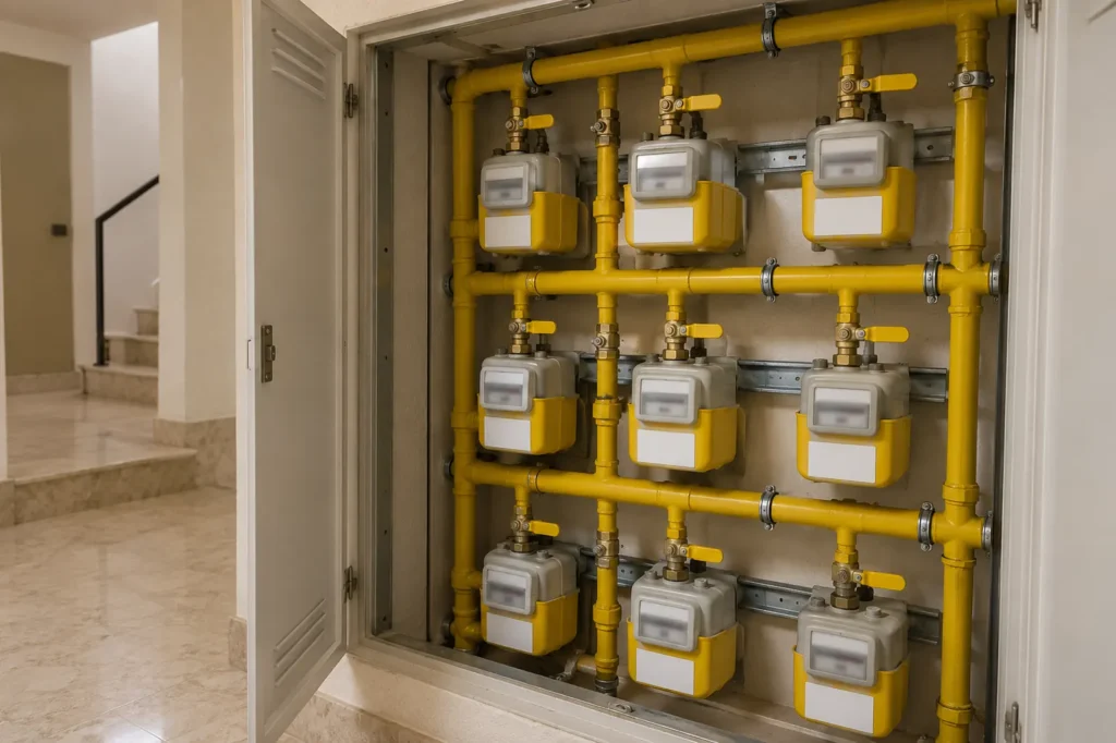 Tuberías y contadores de gas en el armario de contadores de un edificio de viviendas