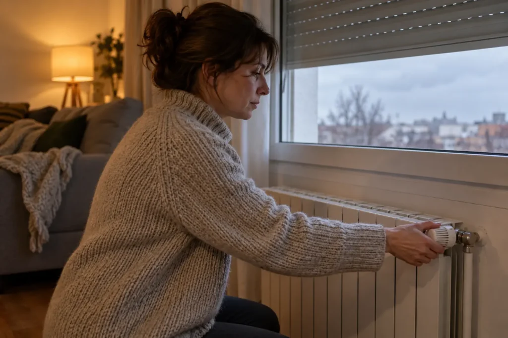 Mujer ajustando la válvula termostática de un radiador en el salón de su casa en invierno