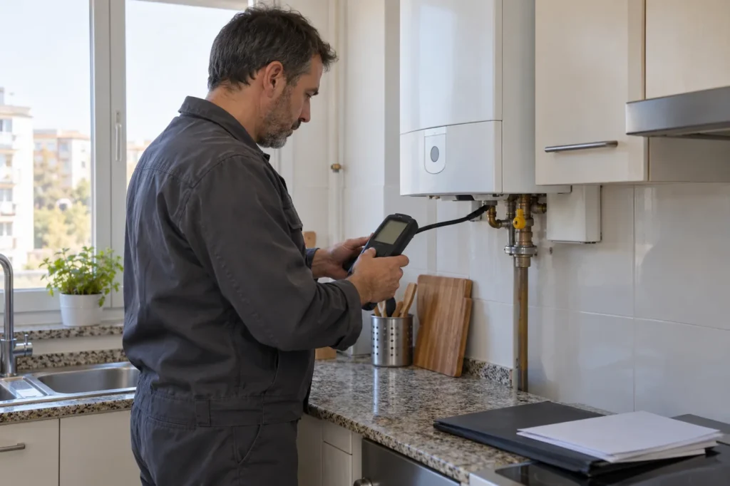 Instalador comprobando con un detector la caldera de gas de una cocina durante la inspección periódica