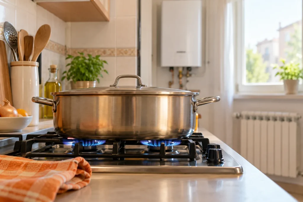 Placa de cocina de gas encendida con una olla y, al fondo, la caldera y un radiador