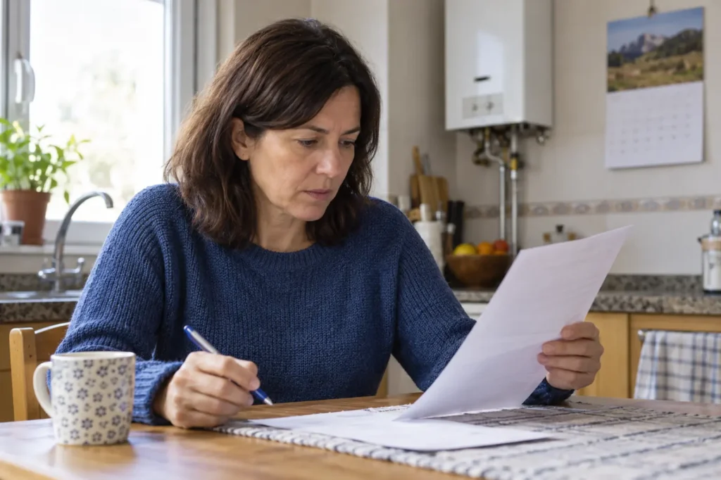Mujer revisando una factura de gas en la mesa de la cocina, con la caldera al fondo